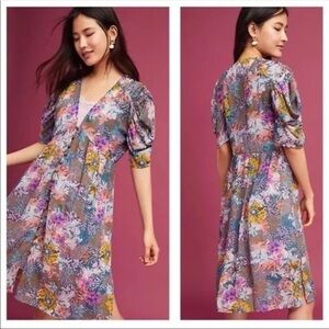 Anthropologie Akemi+Kin Valencia Sheer Multicolor Floral Ruched Sleeves Dress MP